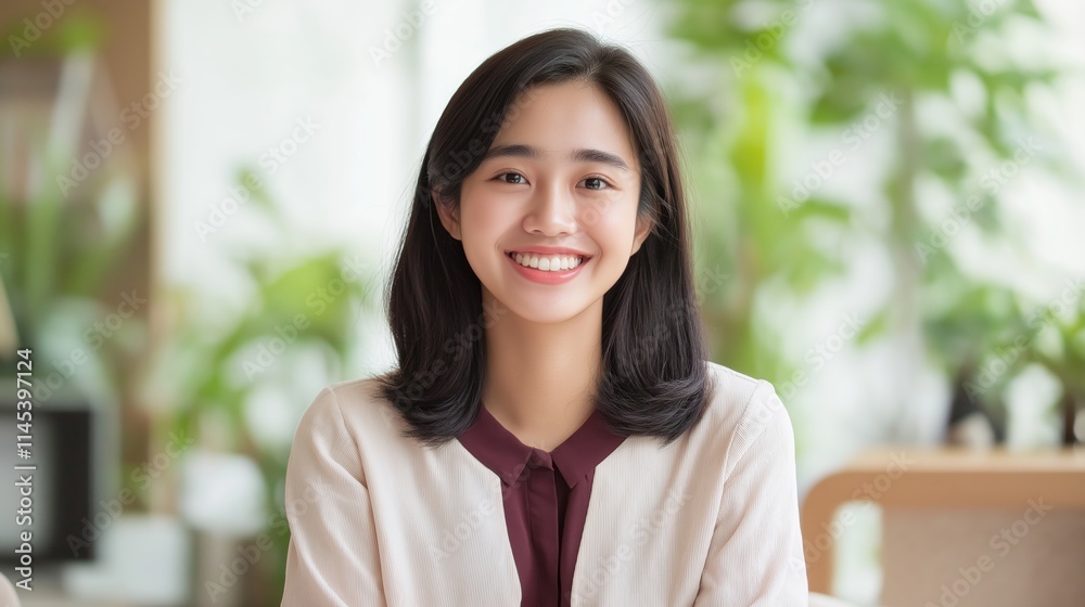 Smiling young woman with long dark hair and a light blouse poses in a bright, plant-filled indoor space. Smiling young woman with long dark hair and a light blouse poses in a bright, plant-filled indoor space.