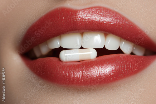 close up of teeth with white pill capsule supplement in mouth smiling woman health vitamins prescription dentistry