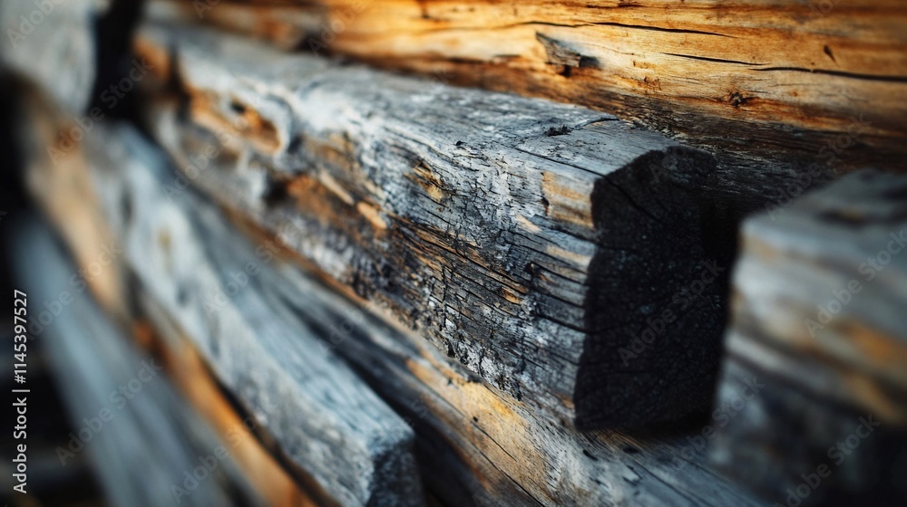 Close-up of weathered, dark gray and light brown wooden logs forming a rustic wall.