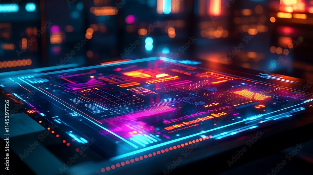 Futuristic Neon Interface Displays Digital Data Streams