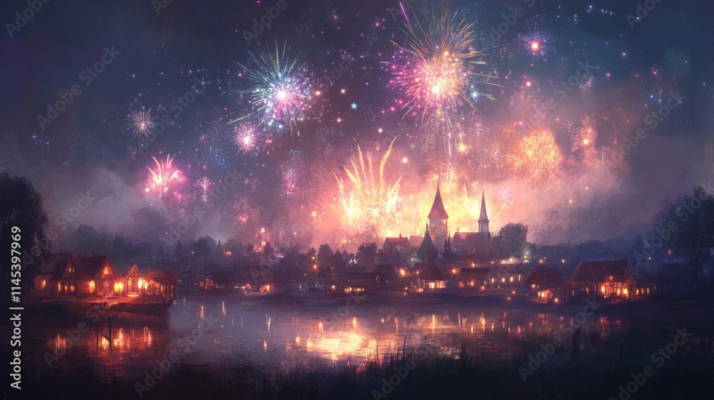 Fototapeta premium Festive Fireworks Over a Picturesque Village By The Lake