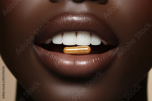 close up of teeth with tiny yellow pill capsule supplement in mouth smiling black woman health vitamins prescription dentistry