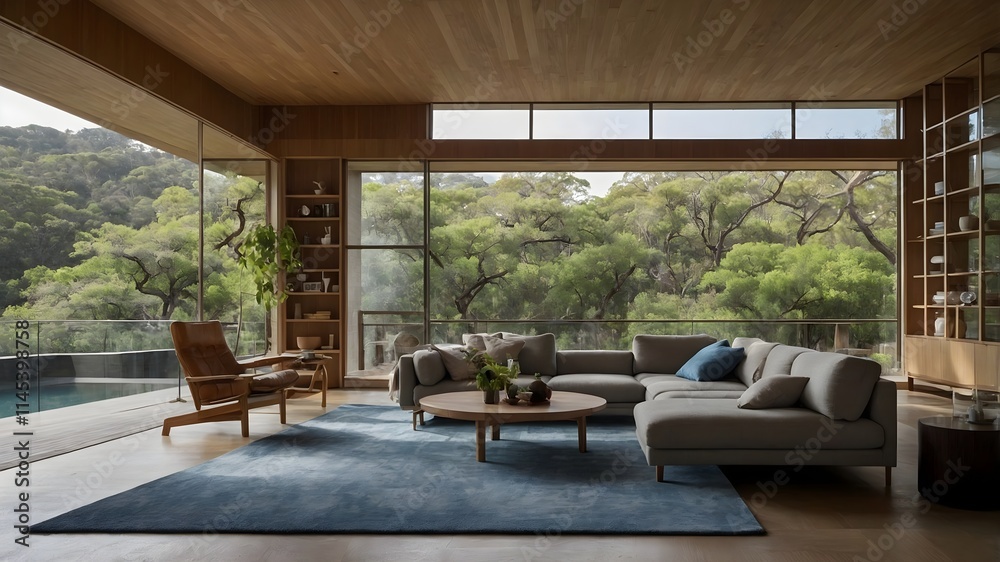Fototapeta premium Modern Home Living Room in Luxury Hotel Style, Japanese and Australian-Inspired Design with Natural Materials, Earthy Tones, and Scenic Views (AI-Generated)