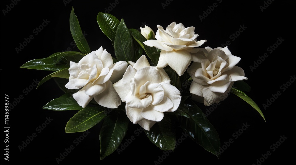 Fototapeta premium A bouquet of fresh gardenia flowers arranged against a clean black backdrop, macro shot, Minimalist style