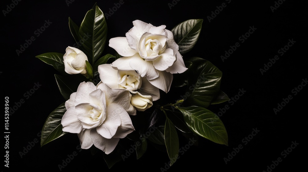 Fototapeta premium A bouquet of fresh gardenia flowers arranged against a clean black backdrop, macro shot, Minimalist style