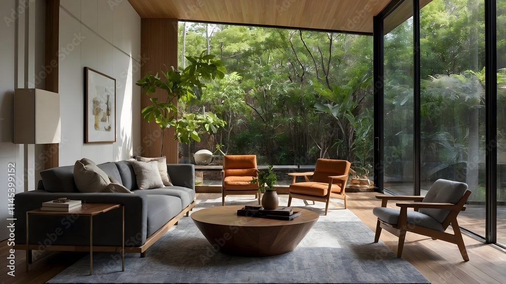 Obraz premium Modern Home Living Room in Luxury Hotel Style, Japanese and Australian-Inspired Design with Natural Materials, Earthy Tones, and Scenic Views (AI-Generated)