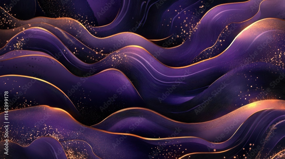 Abstract Purple Waves With Gold Accents And Glitter