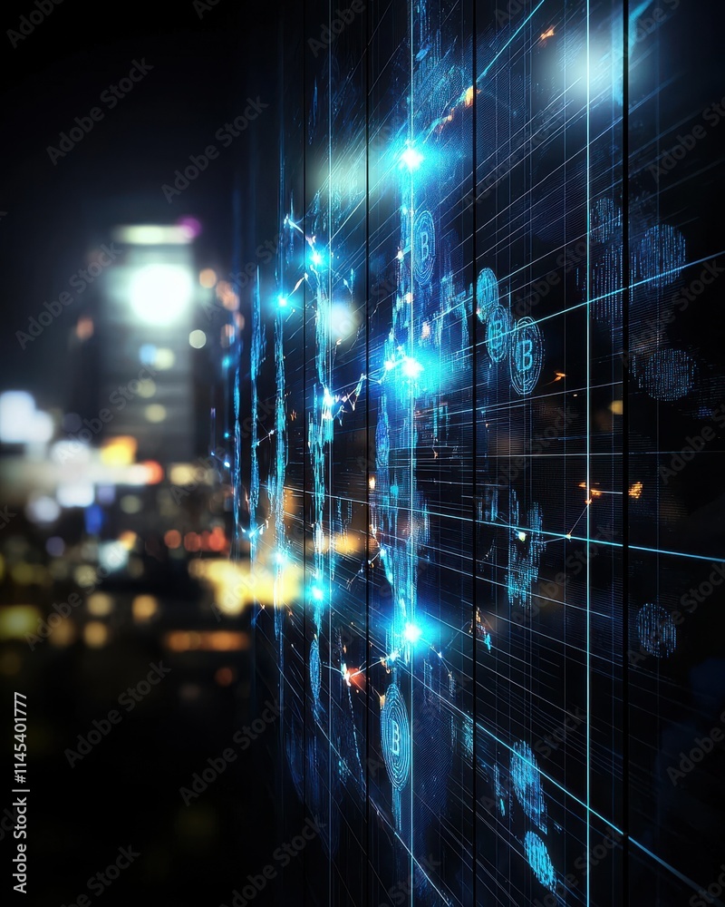 Fototapeta premium Dynamic digital data visualization urban cityscape abstract graphic art night environment high-tech concept