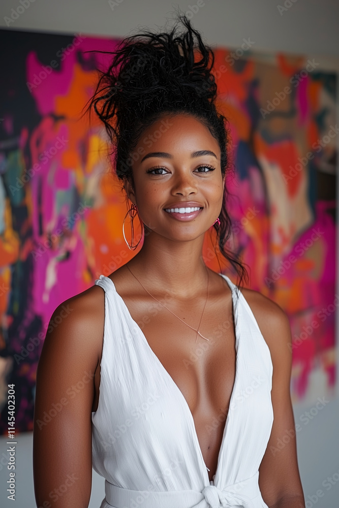 A radiant black woman smiles warmly, dressed in a stylish white outfit, with bold, colorful abstract artwork in the background. Her natural beauty and elegant pose exude confidence and charm. A radiant black woman smiles warmly, dressed in a stylish white outfit, with bold, colorful abstract artwork in the background. Her natural beauty and elegant pose exude confidence and charm.