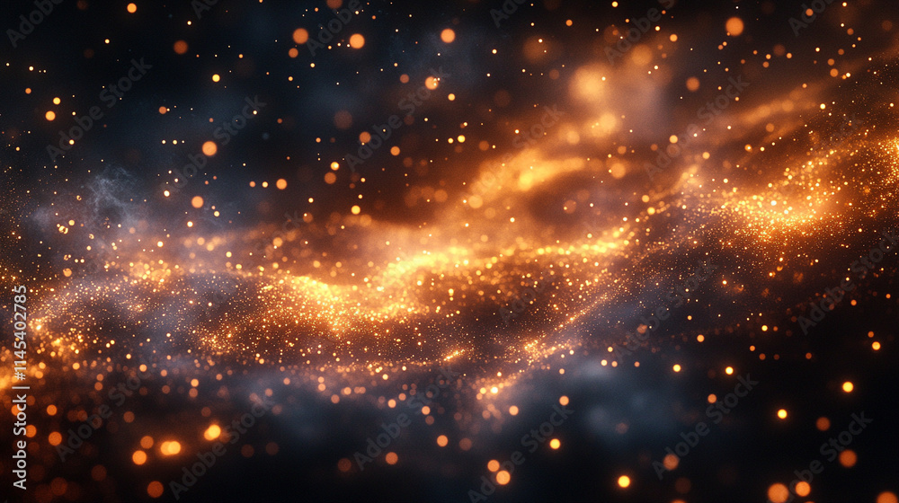 Naklejka premium Sparks and embers soar against a black sky, illuminating the darkness with dynamic energy. The dazzling light evokes themes of chaos, transformation, and fleeting beauty in the night