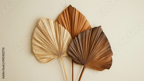 72.Fan-shaped arrangement of dried palm leaves, each leaf showcasing rich textures and tones from sandy beige to dark brown. The natural patterns and veins of each leaf are highlighted, creating a photo