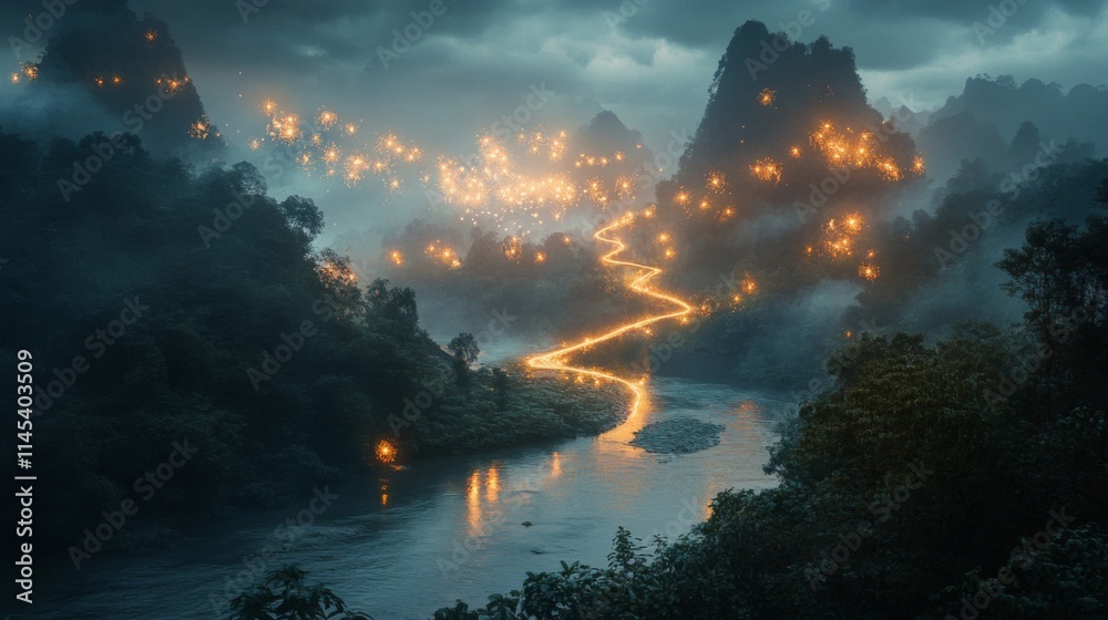 Fototapeta premium Luminous Path Through Misty Mountain Valley