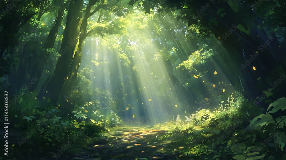 Fototapeta premium Sunbeams break through the lush green canopy of a forest, illuminating the leaves and creating a magical, tranquil moment in nature’s embrace 