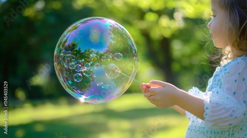 Child's Wonder: A toddler mesmerized by a giant iridescent bubble in a sun-drenched park.  A moment of pure childhood joy and discovery. photo