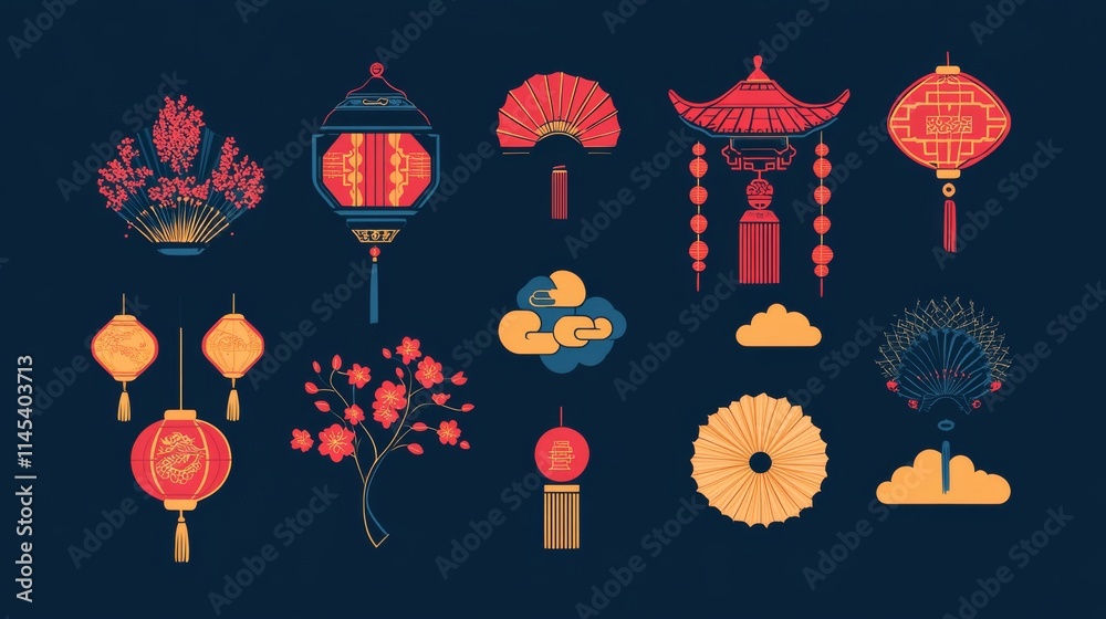 62.Collection of Chinese New Year icons with cherry blossoms, decorative fans, fireworks, and hanging lanterns, along with cloud motifs; each element is isolated with intricate details, evoking 62.Collection of Chinese New Year icons with cherry blossoms, decorative fans, fireworks, and hanging lanterns, along with cloud motifs; each element is isolated with intricate details, evoking
