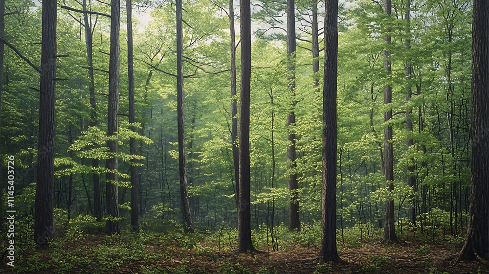 Obraz premium The forest is bathed in the warm glow of morning light as it filters through tall trees, illuminating the rich green foliage and creating a calm and inviting scene 