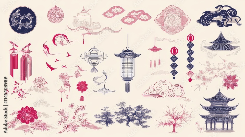 35.Vector collection of classic Asian decorative elements with stylized flowers, clouds, lanterns, and geometric patterns; the set emphasizes intricate linework and symbolic motifs, capturing the 35.Vector collection of classic Asian decorative elements with stylized flowers, clouds, lanterns, and geometric patterns; the set emphasizes intricate linework and symbolic motifs, capturing the