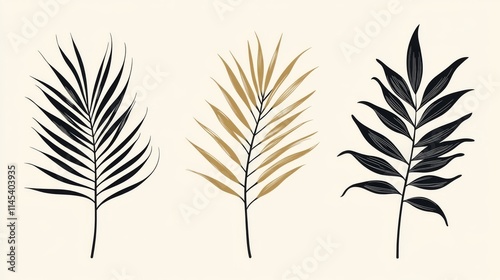 30.Stylish collection of abstract tropical palm leaves in a trendy minimal linear style; each leaf has distinct, simplified lines that capture natural curves, designed for versatility in logo design,