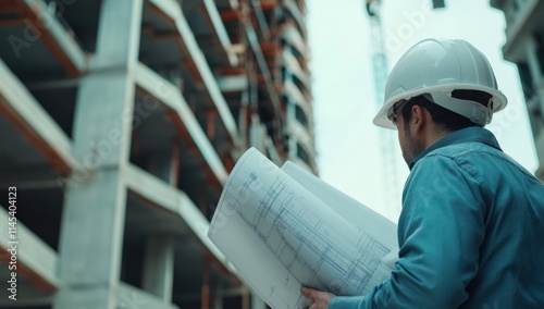 Construction Worker Examining Blueprint at Building Site photo