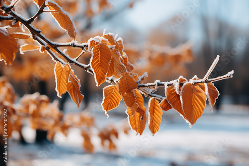 beautiful charm of frost delicately adorning withered leaves, capturing mesmerizing interplay of frozen intricacies, lingering essence of autumn's embrace, and eager anticipation of impending snowflak photo