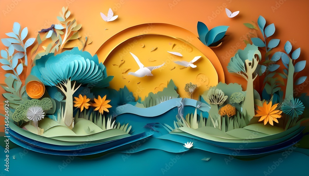 Fototapeta premium World Wetlands Day Celebrated in Conceptual Papercraft Style 