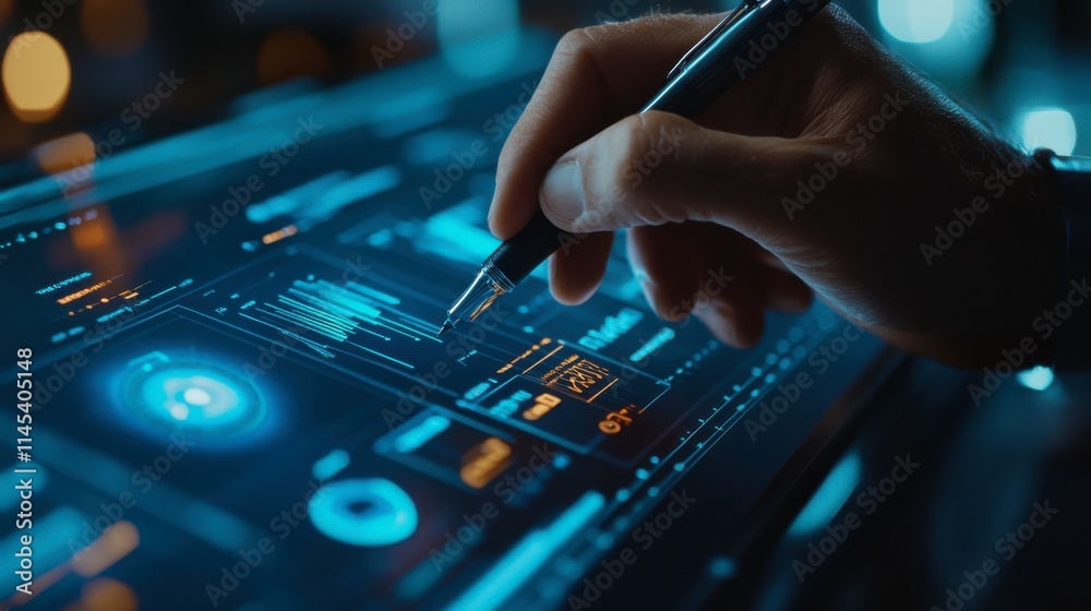 Digital Strategist Analyzing Data: A close-up shot of a hand using a stylus on a futuristic tablet displaying dynamic data visualizations. The image evokes a sense of technological advancement. Digital Strategist Analyzing Data: A close-up shot of a hand using a stylus on a futuristic tablet displaying dynamic data visualizations. The image evokes a sense of technological advancement.