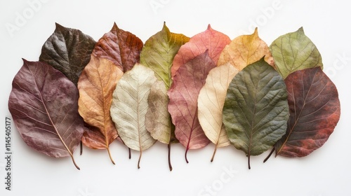 83.Patterned leaves arranged in a fan shape, each leaf differentiated by distinct angles that create a symmetrical effect. The leaves display subtle color variations, and their natural veins add fine