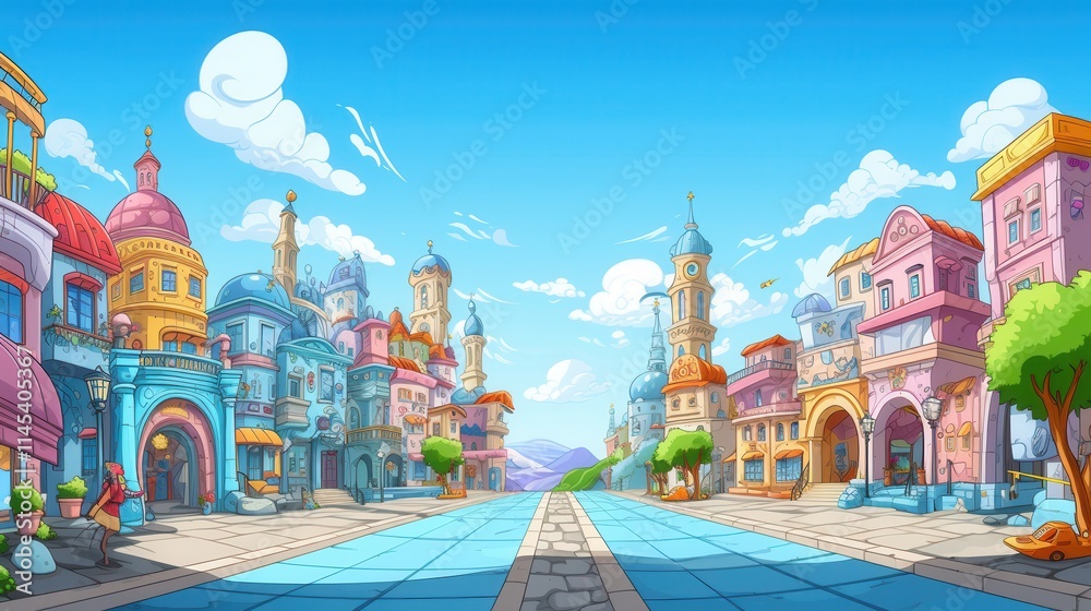 Fototapeta premium Colorful Cartoon Cityscape Featuring a Canal Street