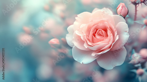 Delicate sweet pastel roses symbolize love, grace, and innocence, creating a dreamlike ambiance with their soft hues and blurred texture, perfect for romantic and ethereal designs