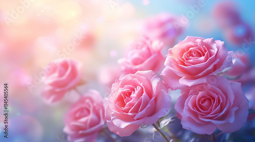 Delicate sweet pastel roses symbolize love, grace, and innocence, creating a dreamlike ambiance with their soft hues and blurred texture, perfect for romantic and ethereal designs