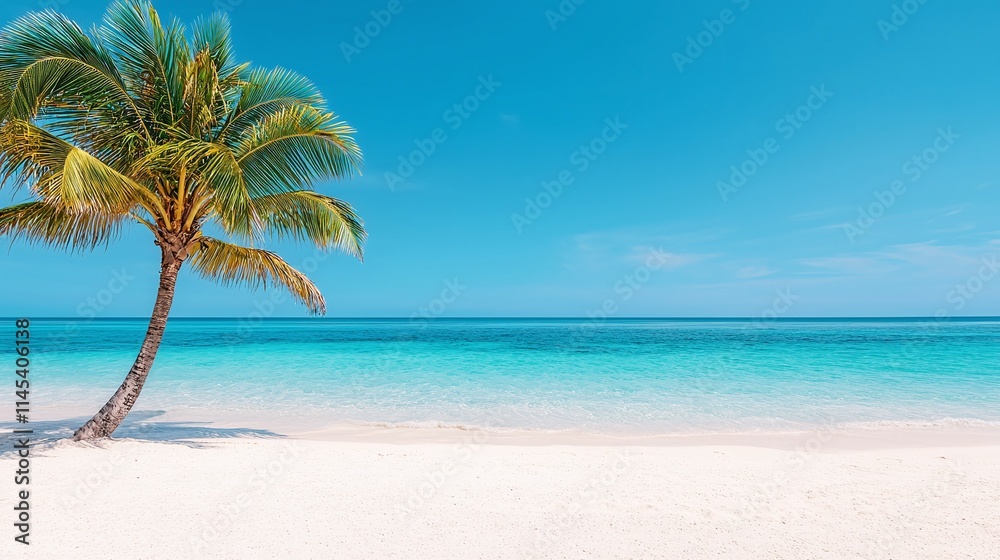 Idyllic Tropical Beach Scene with Lone Palm Tree Idyllic Tropical Beach Scene with Lone Palm Tree