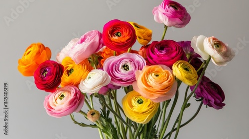 Wallpaper Mural A bouquet of mixed ranunculus flowers in vibrant colors arranged against a clean grey backdrop, side view shot, Minimalist style Torontodigital.ca
