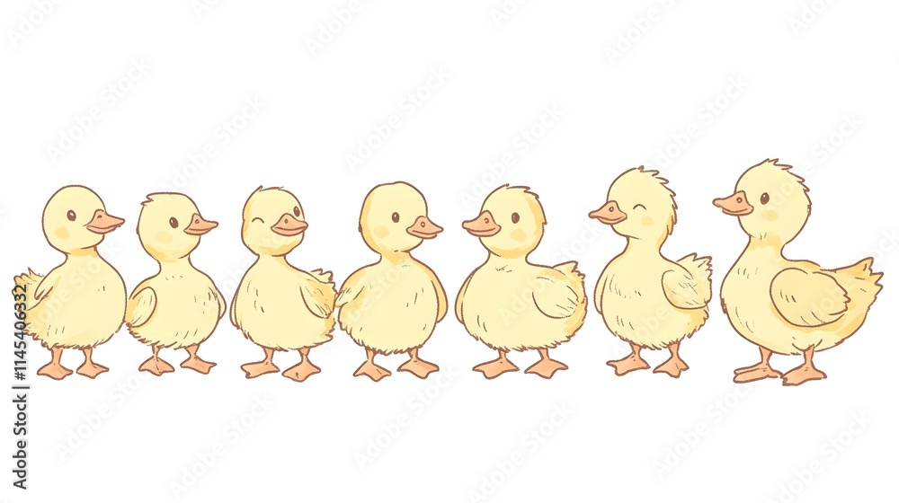 Seven Adorable Yellow Ducklings Standing in a Row Seven Adorable Yellow Ducklings Standing in a Row