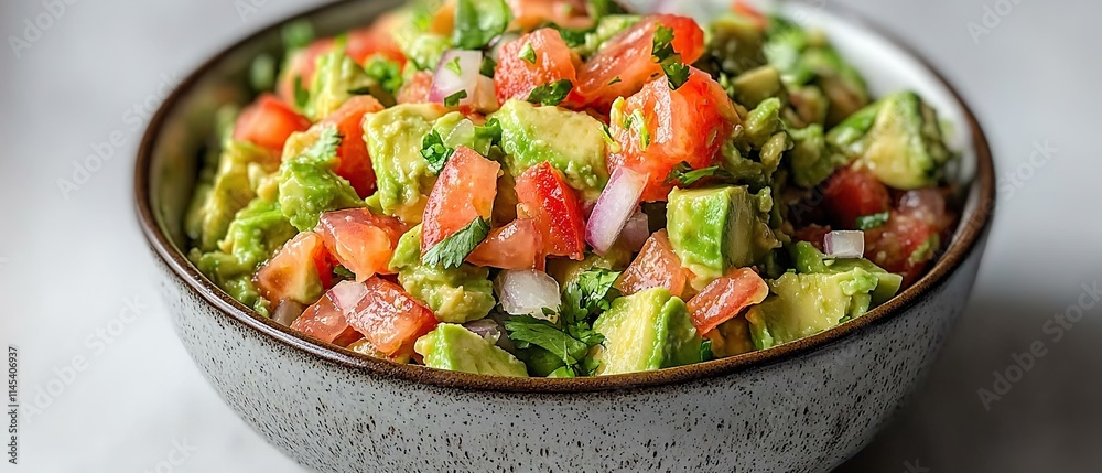 A bowl of fresh guacamole mixed with diced tomatoes and onions, ready for serving.