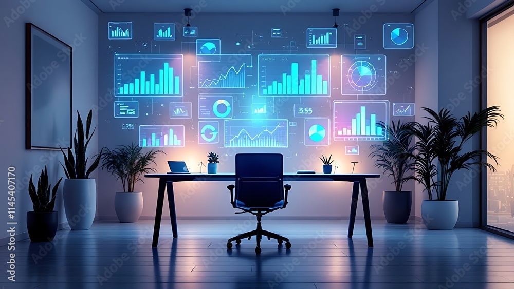 Digital office workspace with holographic graphs and business charts, visualizing data, performance, and analytics in a modern, high-tech environment for strategic decision-making. Digital office workspace with holographic graphs and business charts, visualizing data, performance, and analytics in a modern, high-tech environment for strategic decision-making.
