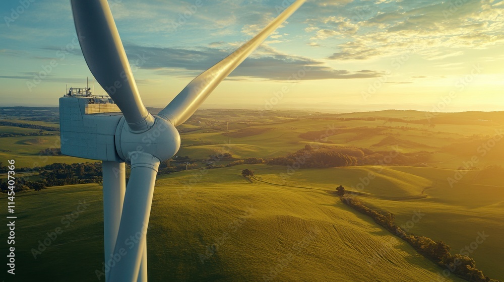 Wind Turbine Sunset: A majestic wind turbine stands tall against a breathtaking sunset, its blades catching the golden light as it generates clean energy in a vast, rolling landscape. Wind Turbine Sunset: A majestic wind turbine stands tall against a breathtaking sunset, its blades catching the golden light as it generates clean energy in a vast, rolling landscape.