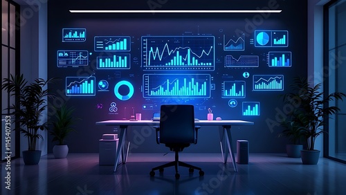 Digital office workspace with holographic graphs and business charts, visualizing data, performance, and analytics in a modern, high-tech environment for strategic decision-making. photo