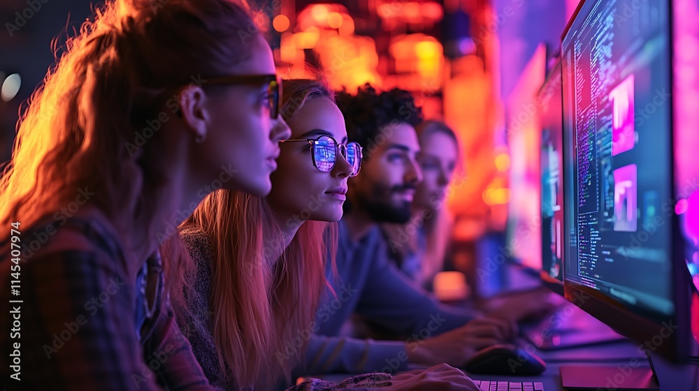 Obraz premium Young programmers collaborate on coding project late at night