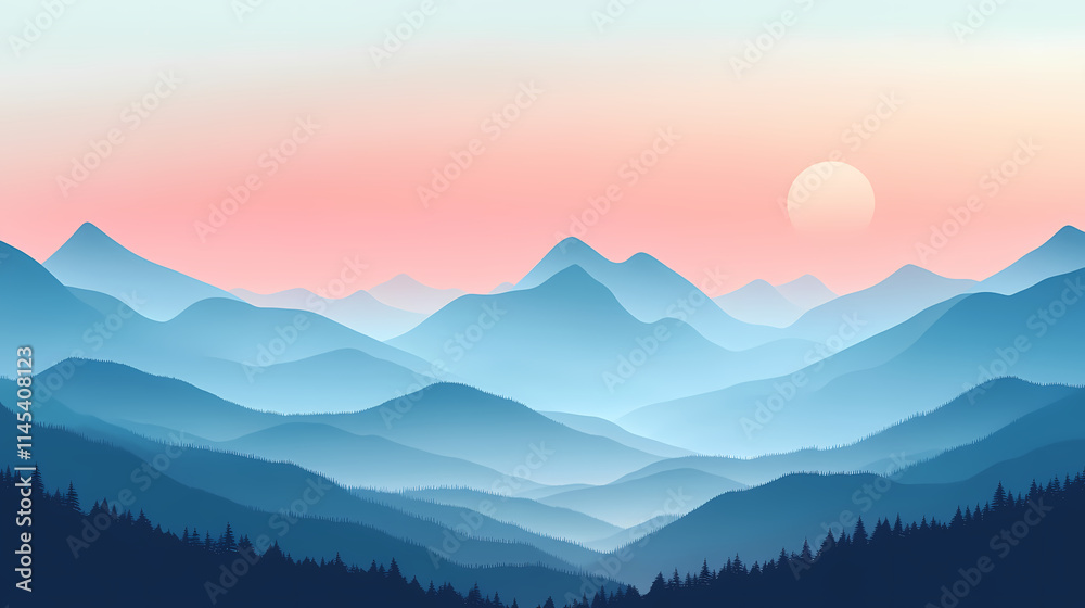 Obraz premium A misty veil shrouding the peaks and valleys at dawn, valley, atmospheric effect. Veil. Illustration