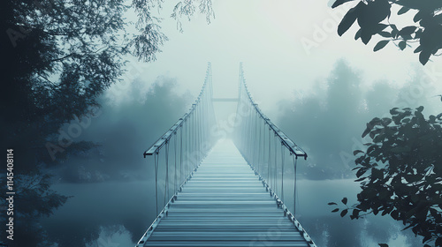 A misty veil rises from the tranquil water below, enveloping a slender white suspension bridge's metal frame and weathered wooden deck in an eerie silence. Veil. Illustration photo