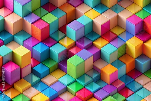 Vividly colored 3D blocks arranged in a seamless geometric pattern for modern wallpaper background designs.