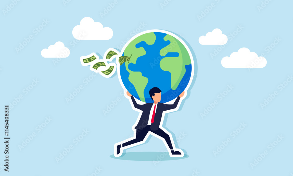 A businessman runs carrying a torn globe, spilling money everywhere, illustration of saving the Earth from irresponsible business exploitation A businessman runs carrying a torn globe, spilling money everywhere, illustration of saving the Earth from irresponsible business exploitation
