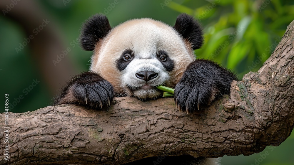 Obraz premium A close-up of a panda resting on a tree branch, munching on bamboo.