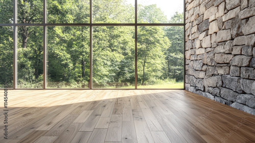 Serene Interior Design: Modern Room with Stone Wall and Forest View Serene Interior Design: Modern Room with Stone Wall and Forest View