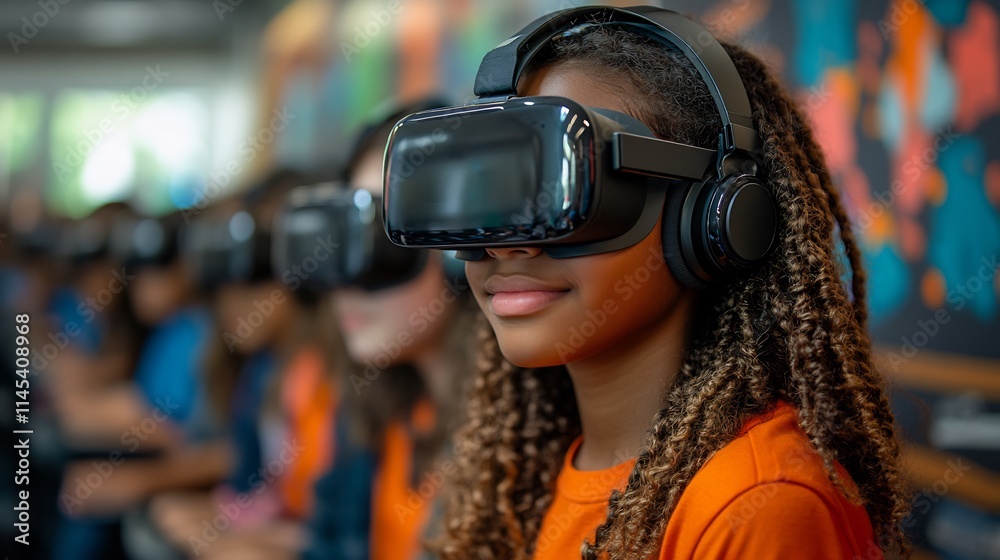 Group of students wearing VR headsets engaged in virtual learning experiences while their teacher provides guidance in a bright techdriven classroom Group of students wearing VR headsets engaged in virtual learning experiences while their teacher provides guidance in a bright techdriven classroom