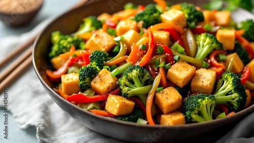 Fresh vegetable stir-fry with tofu and a light soy sauce, showcasing healthy, vibrant ingredients, plant-based, and delicious Asian cuisine for a nutritious meal option. photo