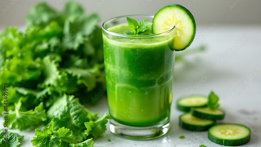 Freshly made green juice with kale, spinach, and cucumber, offering a healthy, nutrient-rich, detoxifying drink, perfect for a refreshing, energizing boost. Freshly made green juice with kale, spinach, and cucumber, offering a healthy, nutrient-rich, detoxifying drink, perfect for a refreshing, energizing boost.