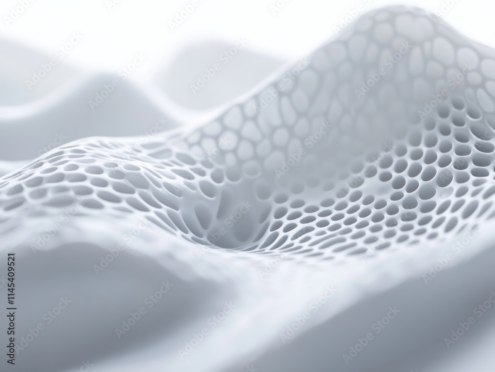 Abstract white 3D rendering of a porous, undulating surface. Abstract white 3D rendering of a porous, undulating surface.