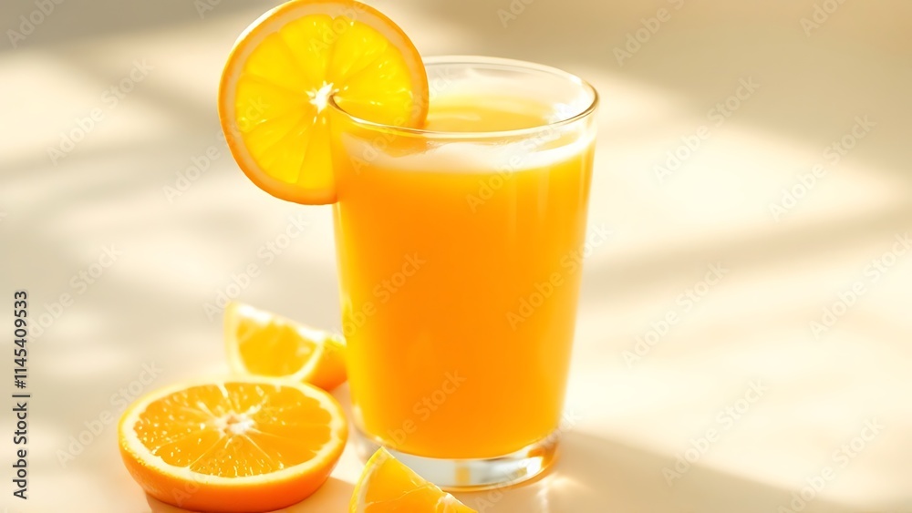 Freshly squeezed orange juice in a glass with a slice of orange, offering a refreshing, vitamin-rich drink perfect for a healthy start to the day or a revitalizing boost. Freshly squeezed orange juice in a glass with a slice of orange, offering a refreshing, vitamin-rich drink perfect for a healthy start to the day or a revitalizing boost.