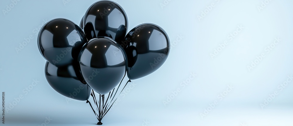 A cluster of glossy black balloons against a light blue background. A cluster of glossy black balloons against a light blue background.